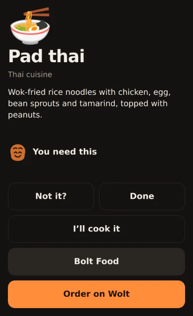 Pad thai with its description and the buttons to order in Wolt or Bolt Food